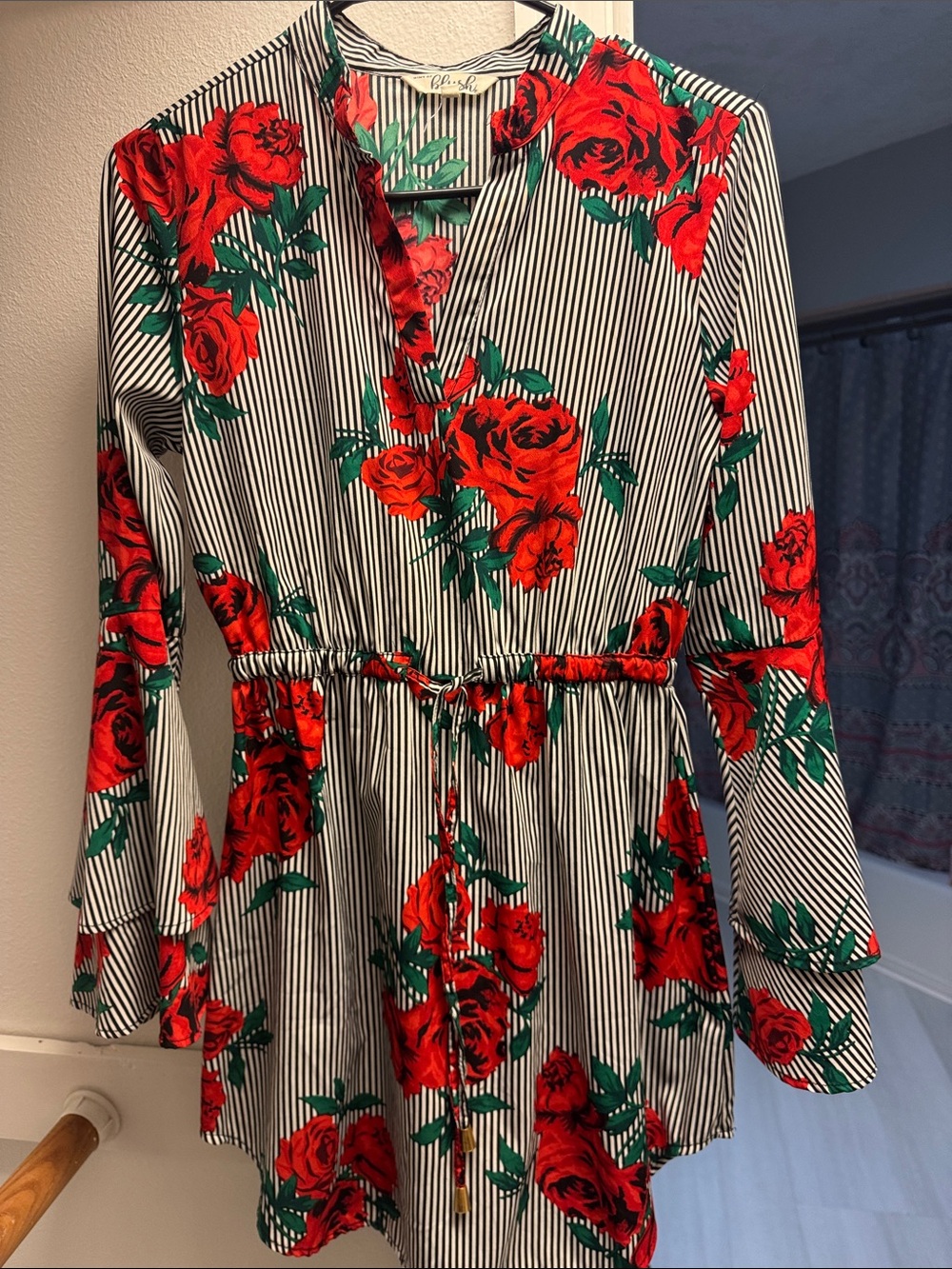 Blush Black & White Striped Dress with Red Rose Print